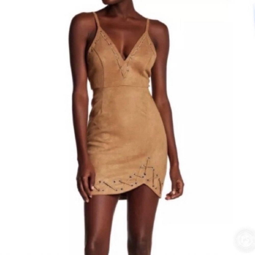 Tea & Cup Faux Suede Sheath Lace Up Dress